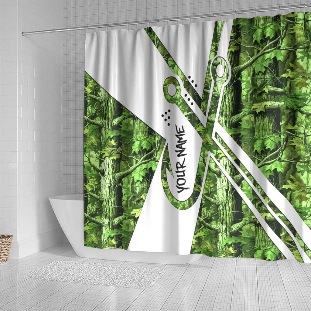 Custom Fishing Hook Shower Curtain with Green Jungle Leaf Pattern and White Split Design - Wonder Print Shop