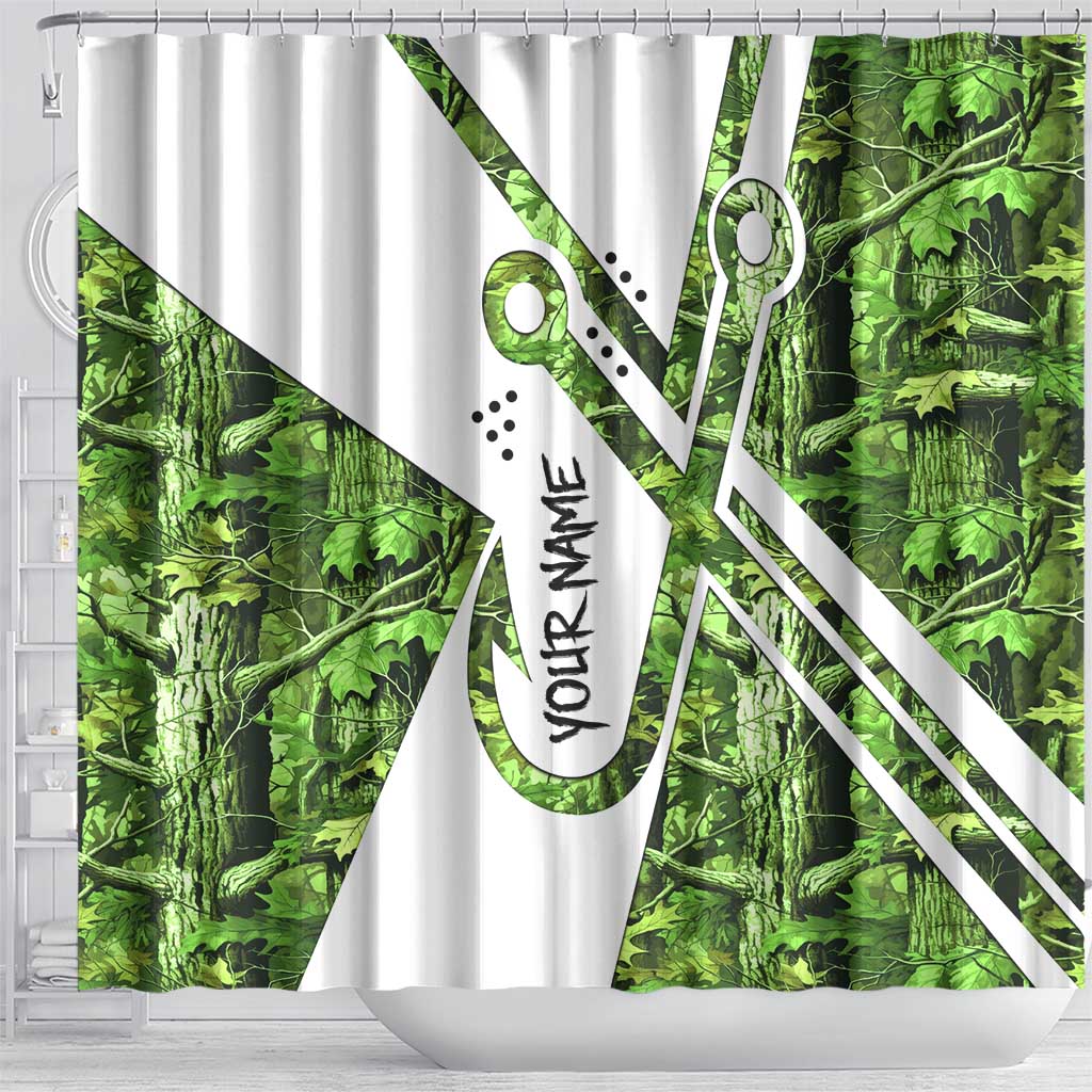 Custom Fishing Hook Shower Curtain with Green Jungle Leaf Pattern and White Split Design - Wonder Print Shop