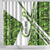 Custom Fishing Hook Shower Curtain with Green Jungle Leaf Pattern and White Split Design - Wonder Print Shop
