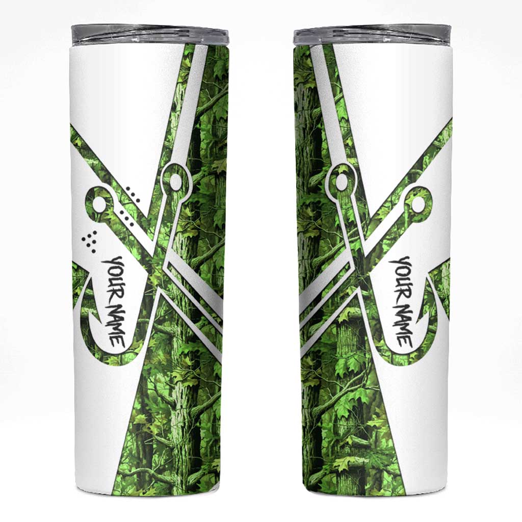 Custom Fishing Hook Skinny Tumbler with Green Jungle Leaf Pattern and White Split Design - Wonder Print Shop