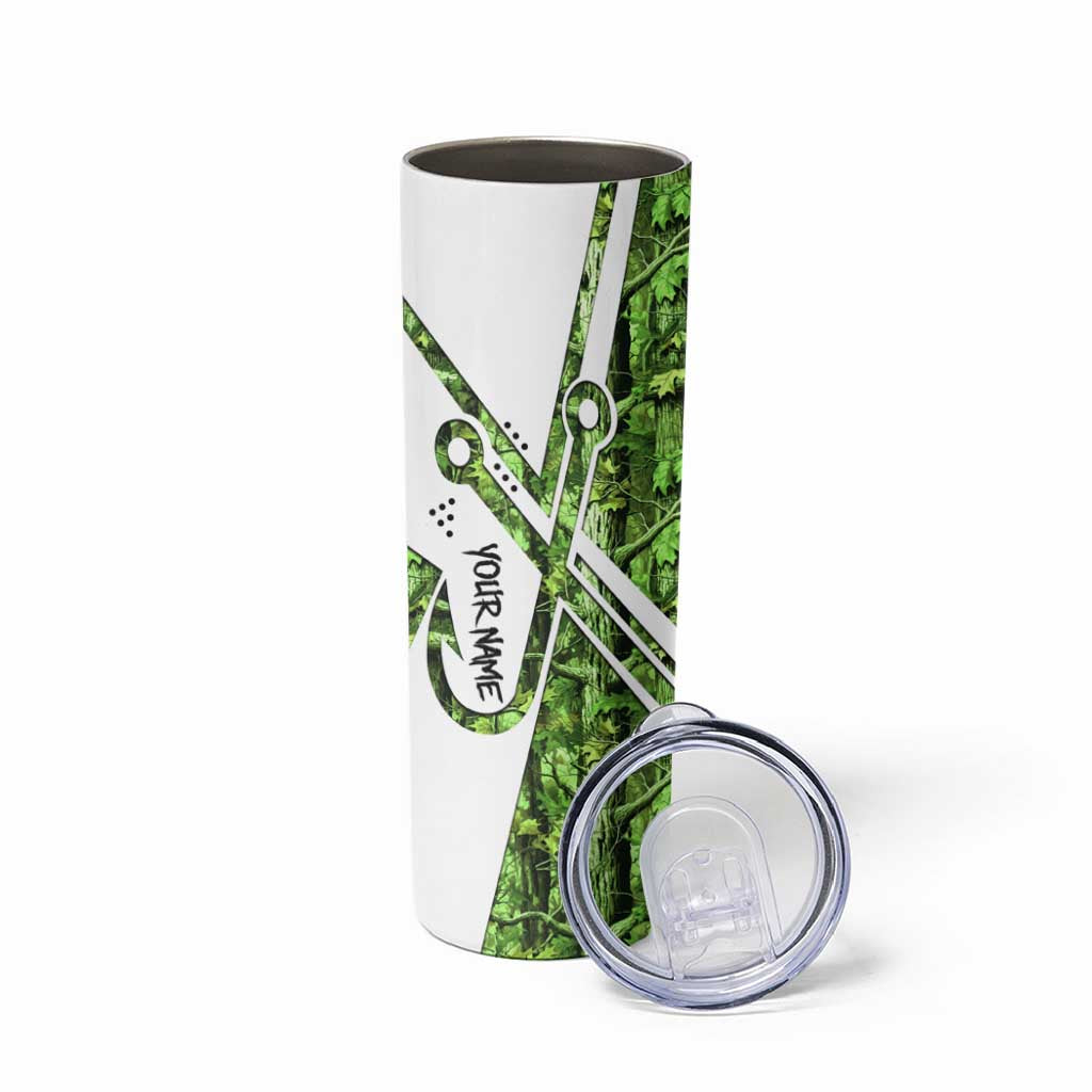 Custom Fishing Hook Skinny Tumbler with Green Jungle Leaf Pattern and White Split Design - Wonder Print Shop