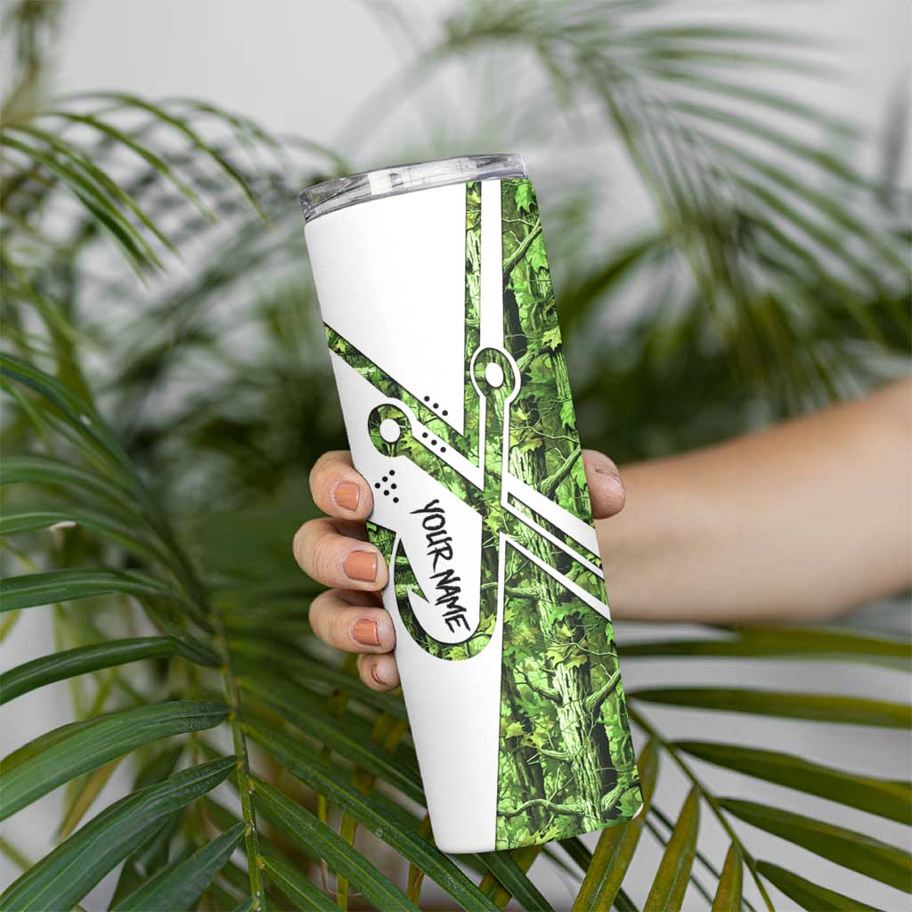 Custom Fishing Hook Skinny Tumbler with Green Jungle Leaf Pattern and White Split Design - Wonder Print Shop