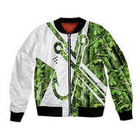 Custom Fishing Hook Sleeve Zip Bomber Jacket with Green Jungle Leaf Pattern and White Split Design - Wonder Print Shop