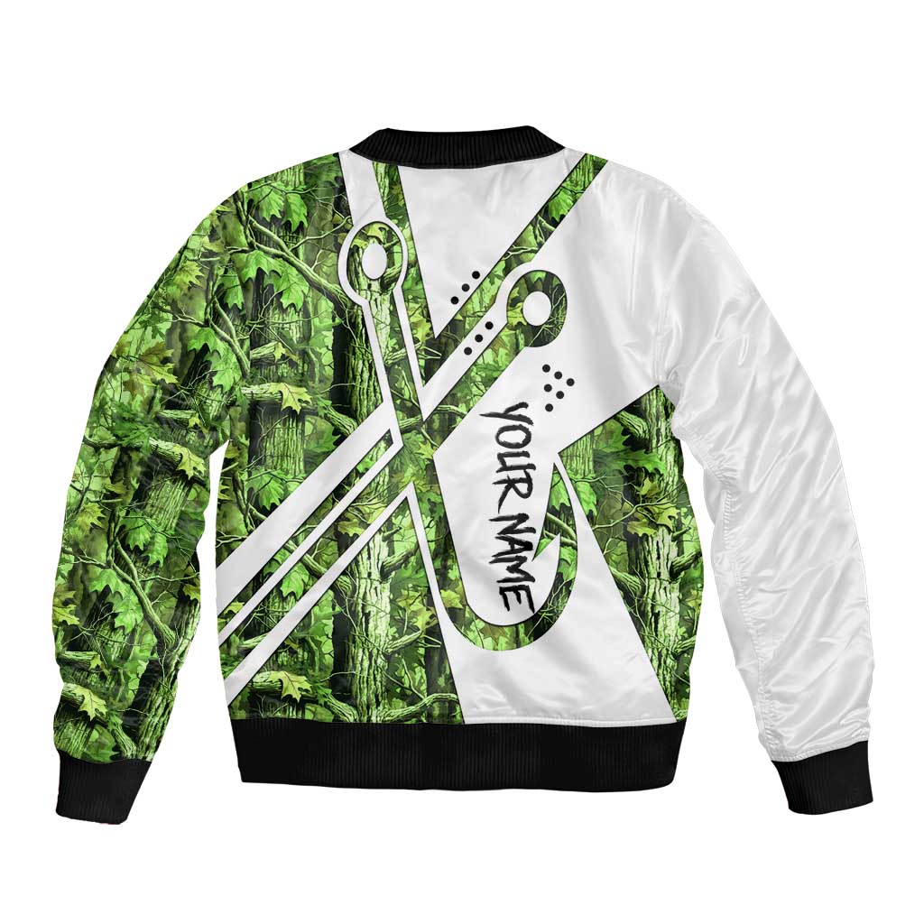 Custom Fishing Hook Sleeve Zip Bomber Jacket with Green Jungle Leaf Pattern and White Split Design - Wonder Print Shop