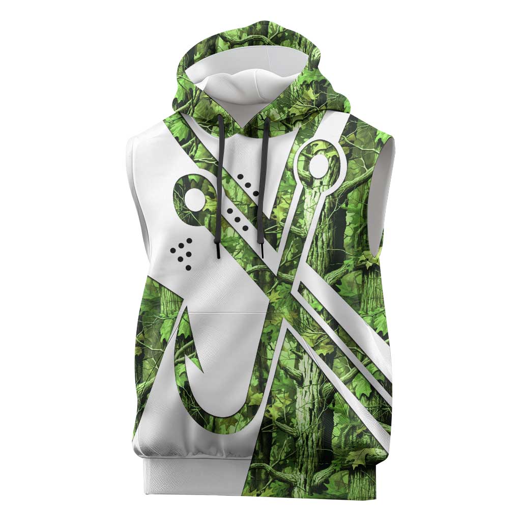 Custom Fishing Hook Sleeveless Hoodie with Green Jungle Leaf Pattern and White Split Design - Wonder Print Shop