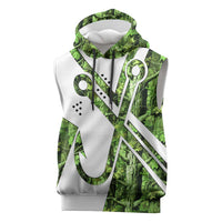 Custom Fishing Hook Sleeveless Hoodie with Green Jungle Leaf Pattern and White Split Design - Wonder Print Shop