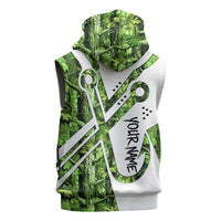 Custom Fishing Hook Sleeveless Hoodie with Green Jungle Leaf Pattern and White Split Design - Wonder Print Shop