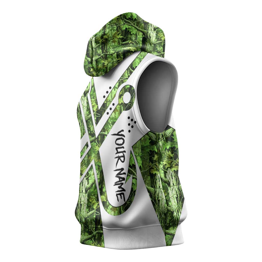Custom Fishing Hook Sleeveless Hoodie with Green Jungle Leaf Pattern and White Split Design - Wonder Print Shop