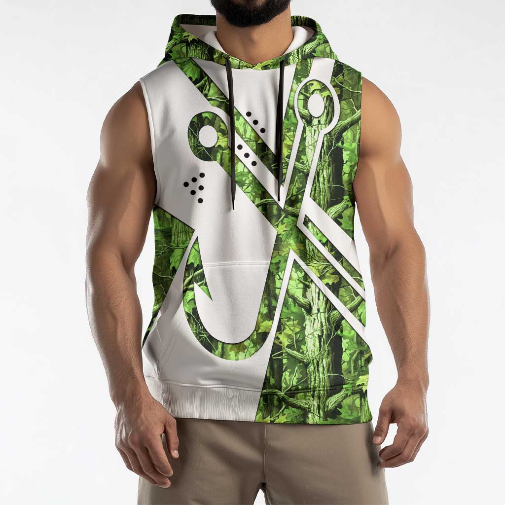 Custom Fishing Hook Sleeveless Hoodie with Green Jungle Leaf Pattern and White Split Design - Wonder Print Shop