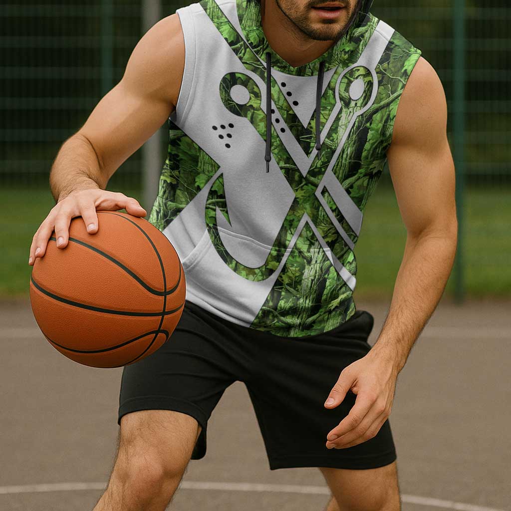 Custom Fishing Hook Sleeveless Hoodie with Green Jungle Leaf Pattern and White Split Design - Wonder Print Shop