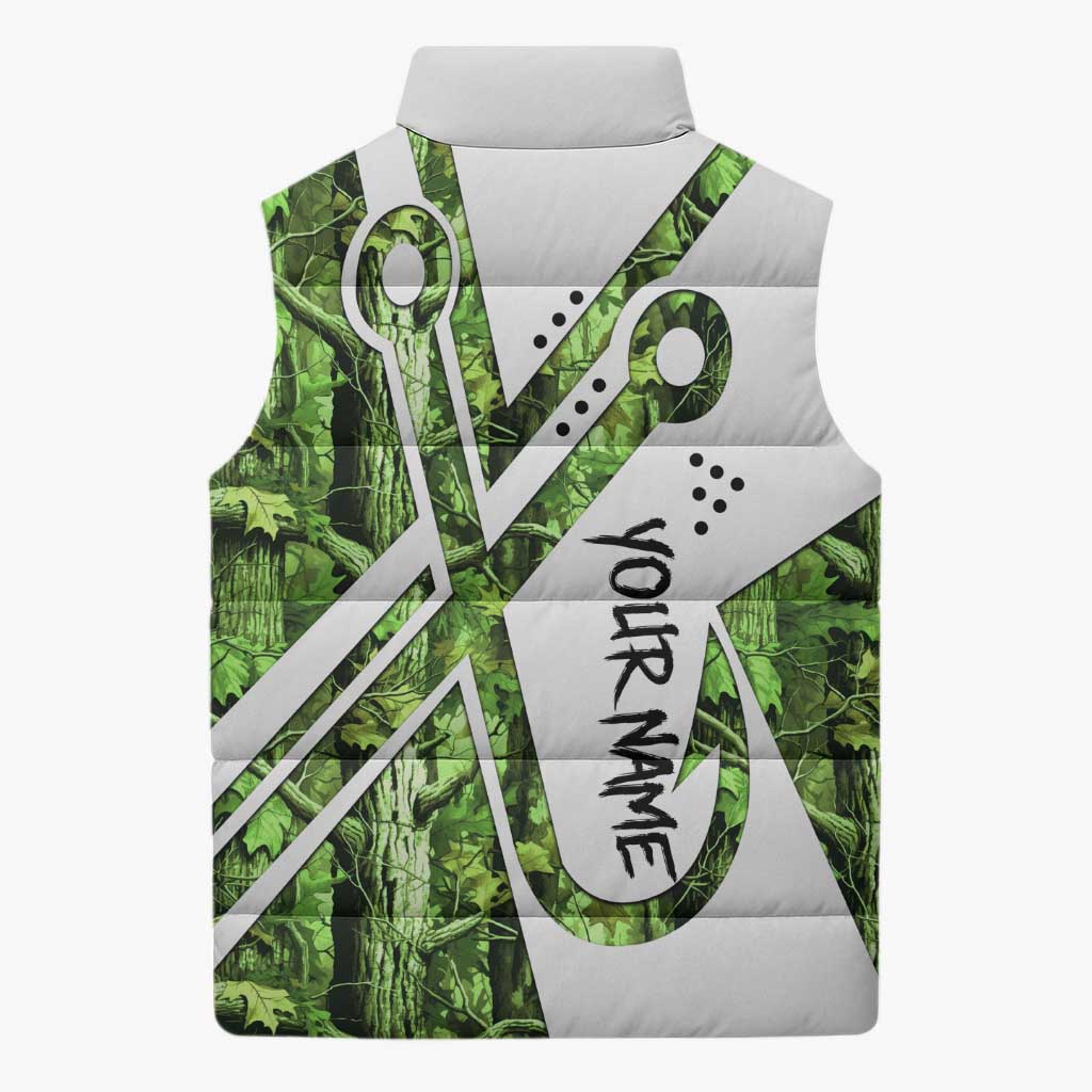 Custom Fishing Hook Sleeveless Puffer Jacket with Green Jungle Leaf Pattern and White Split Design - Wonder Print Shop