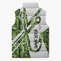 Custom Fishing Hook Sleeveless Puffer Jacket with Green Jungle Leaf Pattern and White Split Design - Wonder Print Shop