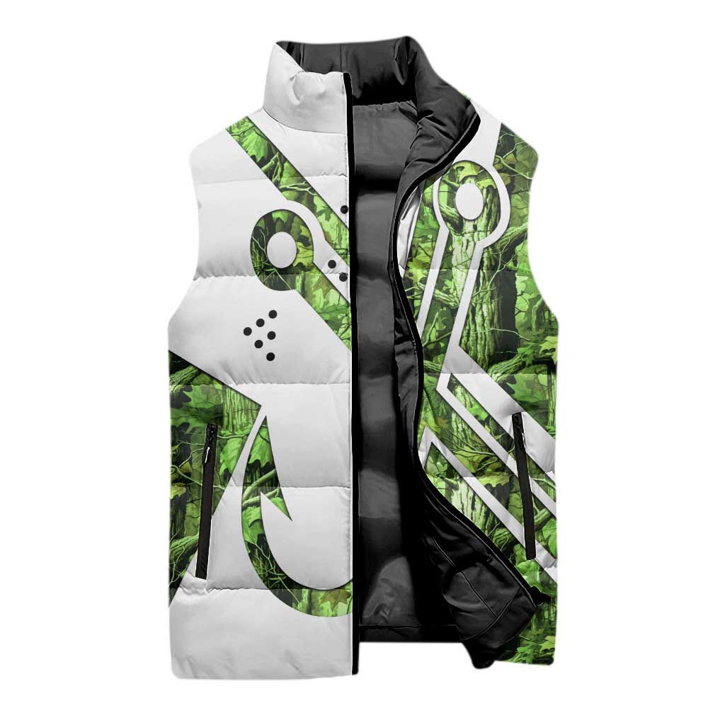Custom Fishing Hook Sleeveless Puffer Jacket with Green Jungle Leaf Pattern and White Split Design - Wonder Print Shop