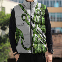 Custom Fishing Hook Sleeveless Puffer Jacket with Green Jungle Leaf Pattern and White Split Design - Wonder Print Shop