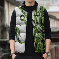 Custom Fishing Hook Sleeveless Puffer Jacket with Green Jungle Leaf Pattern and White Split Design - Wonder Print Shop