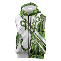 Custom Fishing Hook Sleeveless Zip Hoodie with Green Jungle Leaf Pattern and White Split Design - Wonder Print Shop