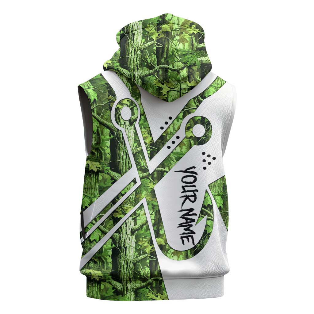 Custom Fishing Hook Sleeveless Zip Hoodie with Green Jungle Leaf Pattern and White Split Design - Wonder Print Shop