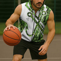 Custom Fishing Hook Sleeveless Zip Hoodie with Green Jungle Leaf Pattern and White Split Design - Wonder Print Shop