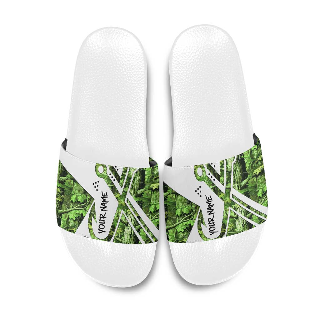 Custom Fishing Hook Slide Sandals with Green Jungle Leaf Pattern and White Split Design - Wonder Print Shop