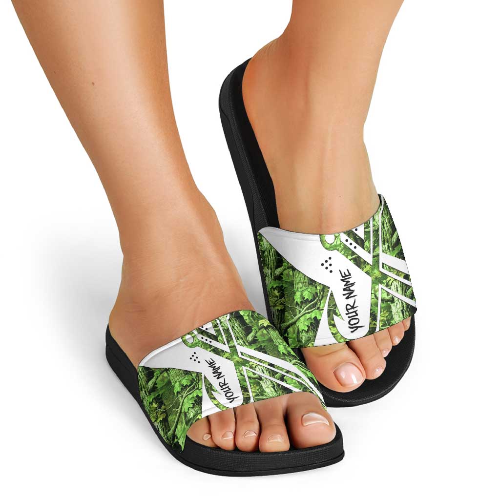 Custom Fishing Hook Slide Sandals with Green Jungle Leaf Pattern and White Split Design - Wonder Print Shop