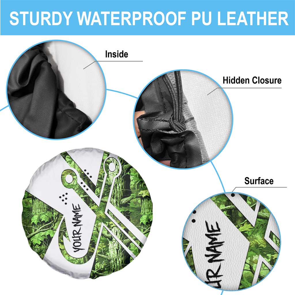 Custom Fishing Hook Spare Tire Cover with Green Jungle Leaf Pattern and White Split Design - Wonder Print Shop