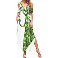 Custom Fishing Hook Summer Maxi Dress with Green Jungle Leaf Pattern and White Split Design - Wonder Print Shop