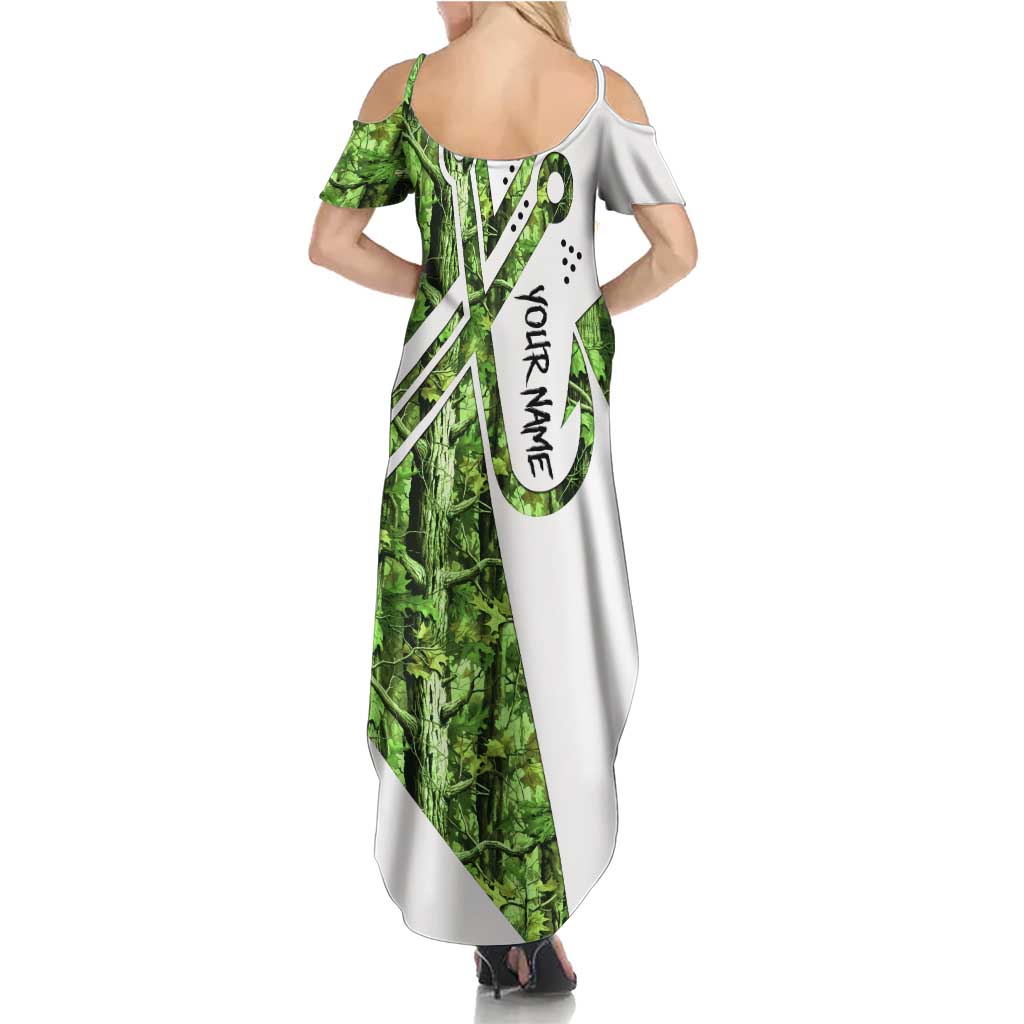 Custom Fishing Hook Summer Maxi Dress with Green Jungle Leaf Pattern and White Split Design - Wonder Print Shop