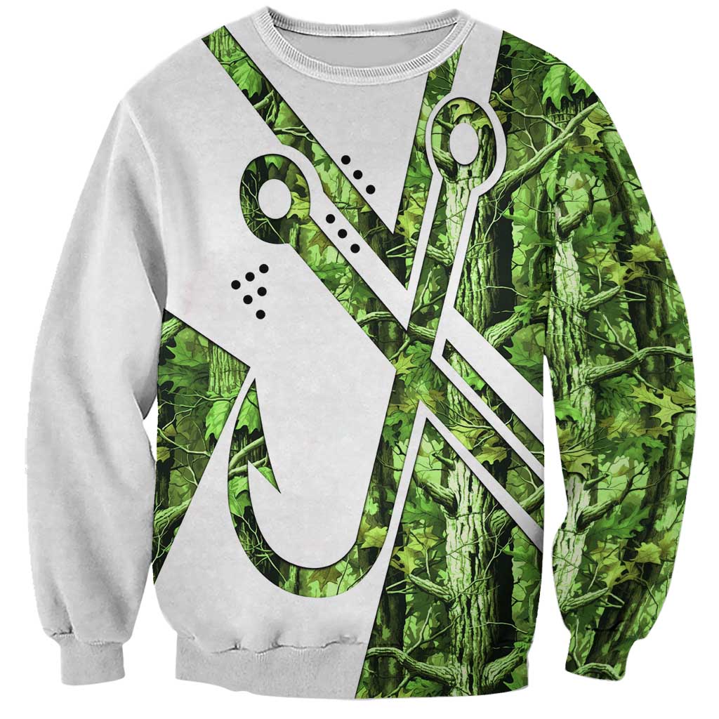 Custom Fishing Hook Sweatshirt with Green Jungle Leaf Pattern and White Split Design - Wonder Print Shop