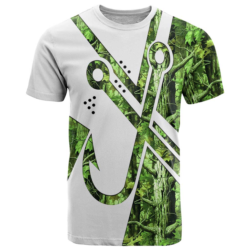 Custom Fishing Hook T Shirt with Green Jungle Leaf Pattern and White Split Design - Wonder Print Shop