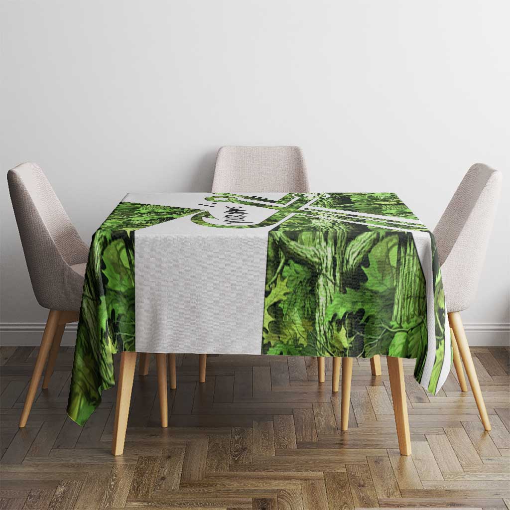Custom Fishing Hook Tablecloth with Green Jungle Leaf Pattern and White Split Design - Wonder Print Shop