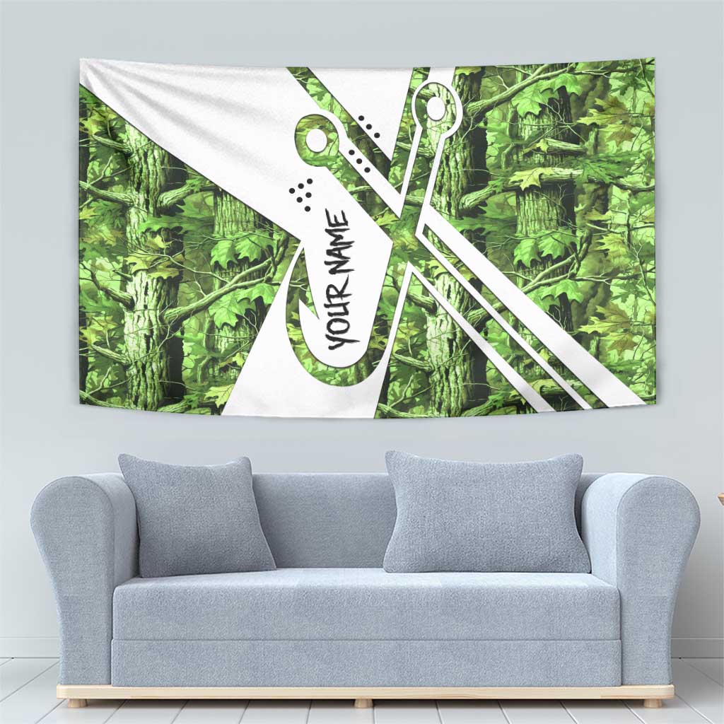 Custom Fishing Hook Tapestry with Green Jungle Leaf Pattern and White Split Design - Wonder Print Shop