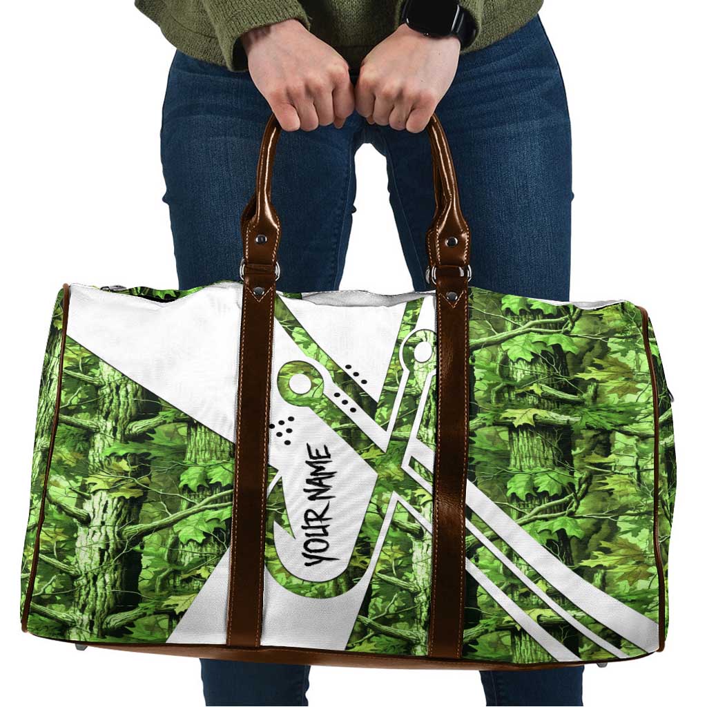 Custom Fishing Hook Travel Bag with Green Jungle Leaf Pattern and White Split Design - Wonder Print Shop