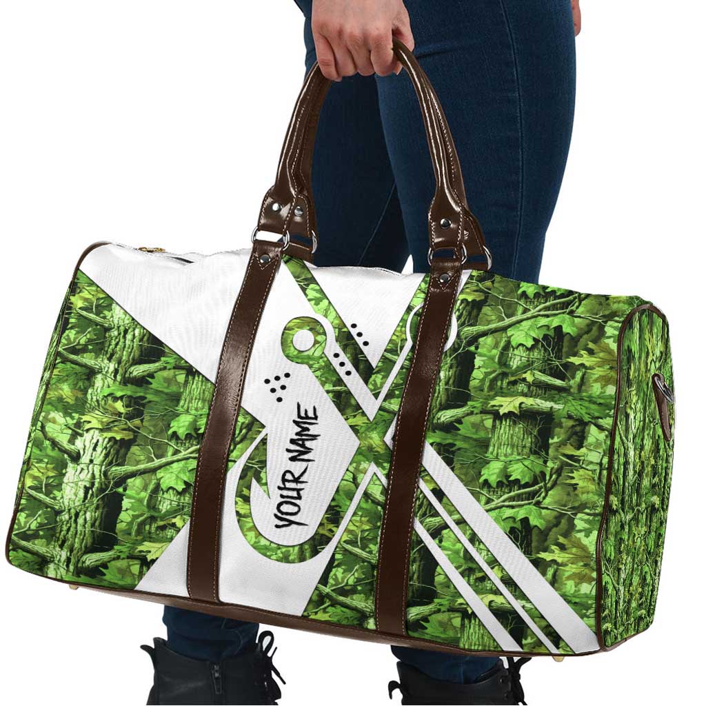 Custom Fishing Hook Travel Bag with Green Jungle Leaf Pattern and White Split Design - Wonder Print Shop