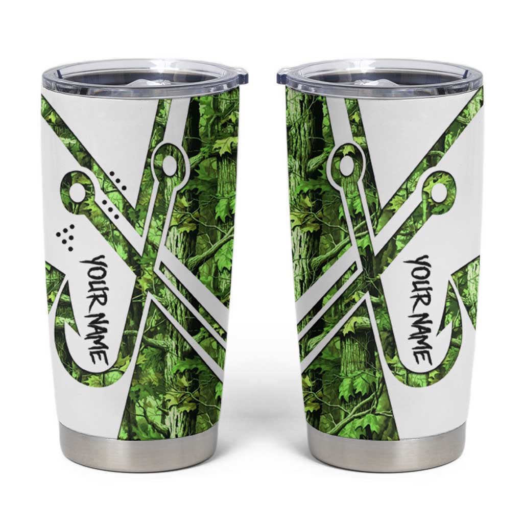 Custom Fishing Hook Tumbler Cup with Green Jungle Leaf Pattern and White Split Design - Wonder Print Shop
