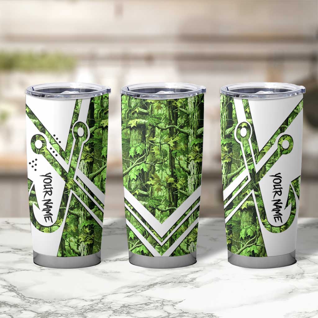 Custom Fishing Hook Tumbler Cup with Green Jungle Leaf Pattern and White Split Design - Wonder Print Shop
