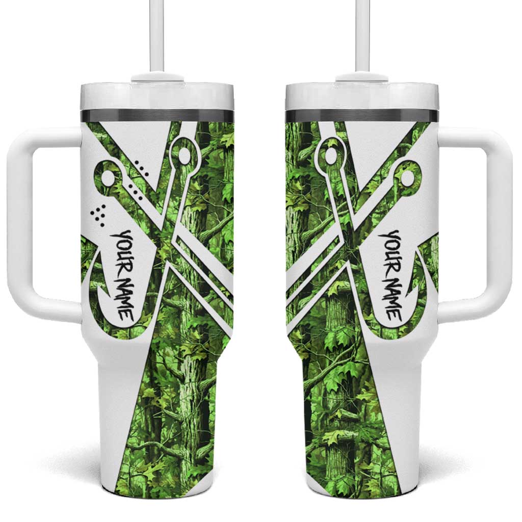 Custom Fishing Hook Tumbler With Handle with Green Jungle Leaf Pattern and White Split Design - Wonder Print Shop