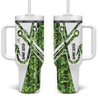 Custom Fishing Hook Tumbler With Handle with Green Jungle Leaf Pattern and White Split Design - Wonder Print Shop