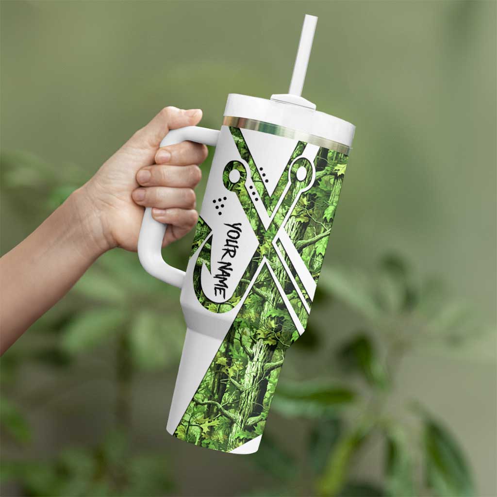 Custom Fishing Hook Tumbler With Handle with Green Jungle Leaf Pattern and White Split Design - Wonder Print Shop