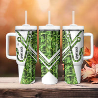 Custom Fishing Hook Tumbler With Handle with Green Jungle Leaf Pattern and White Split Design - Wonder Print Shop
