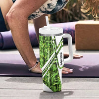 Custom Fishing Hook Tumbler With Handle with Green Jungle Leaf Pattern and White Split Design - Wonder Print Shop