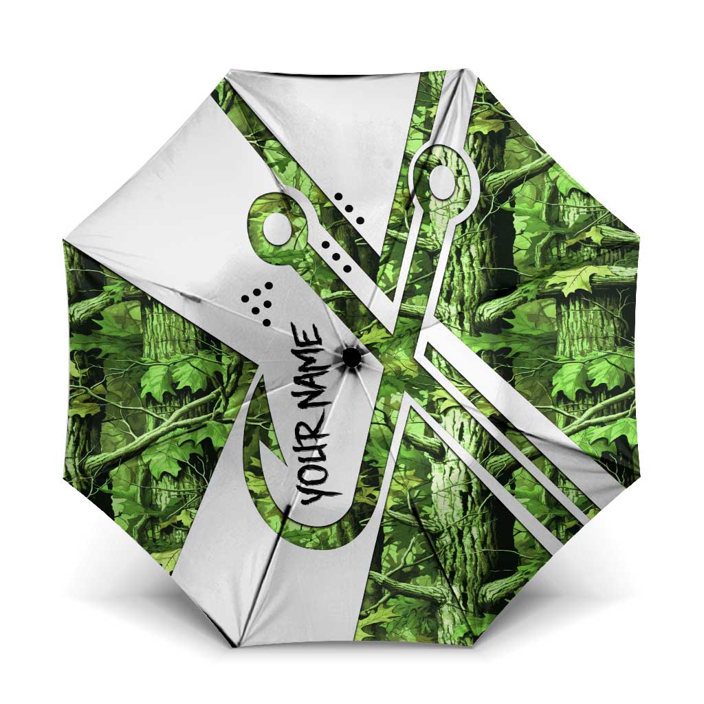 Custom Fishing Hook Umbrella with Green Jungle Leaf Pattern and White Split Design - Wonder Print Shop