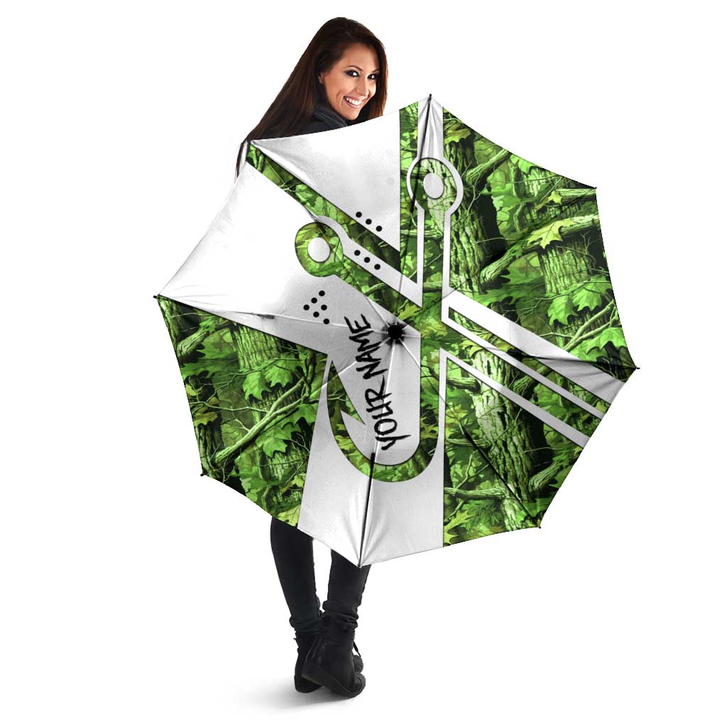 Custom Fishing Hook Umbrella with Green Jungle Leaf Pattern and White Split Design - Wonder Print Shop