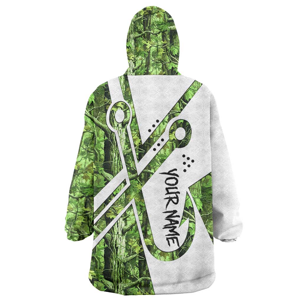 Custom Fishing Hook Wearable Blanket Hoodie with Green Jungle Leaf Pattern and White Split Design - Wonder Print Shop