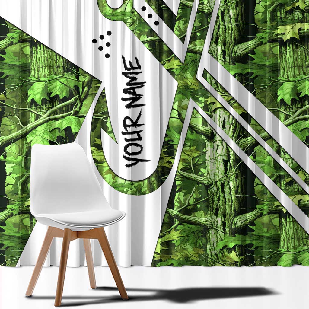 Custom Fishing Hook Window Curtain with Green Jungle Leaf Pattern and White Split Design - Wonder Print Shop