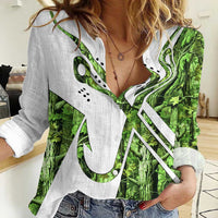 Custom Fishing Hook Women Casual Shirt with Green Jungle Leaf Pattern and White Split Design - Wonder Print Shop