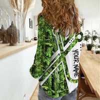 Custom Fishing Hook Women Casual Shirt with Green Jungle Leaf Pattern and White Split Design - Wonder Print Shop