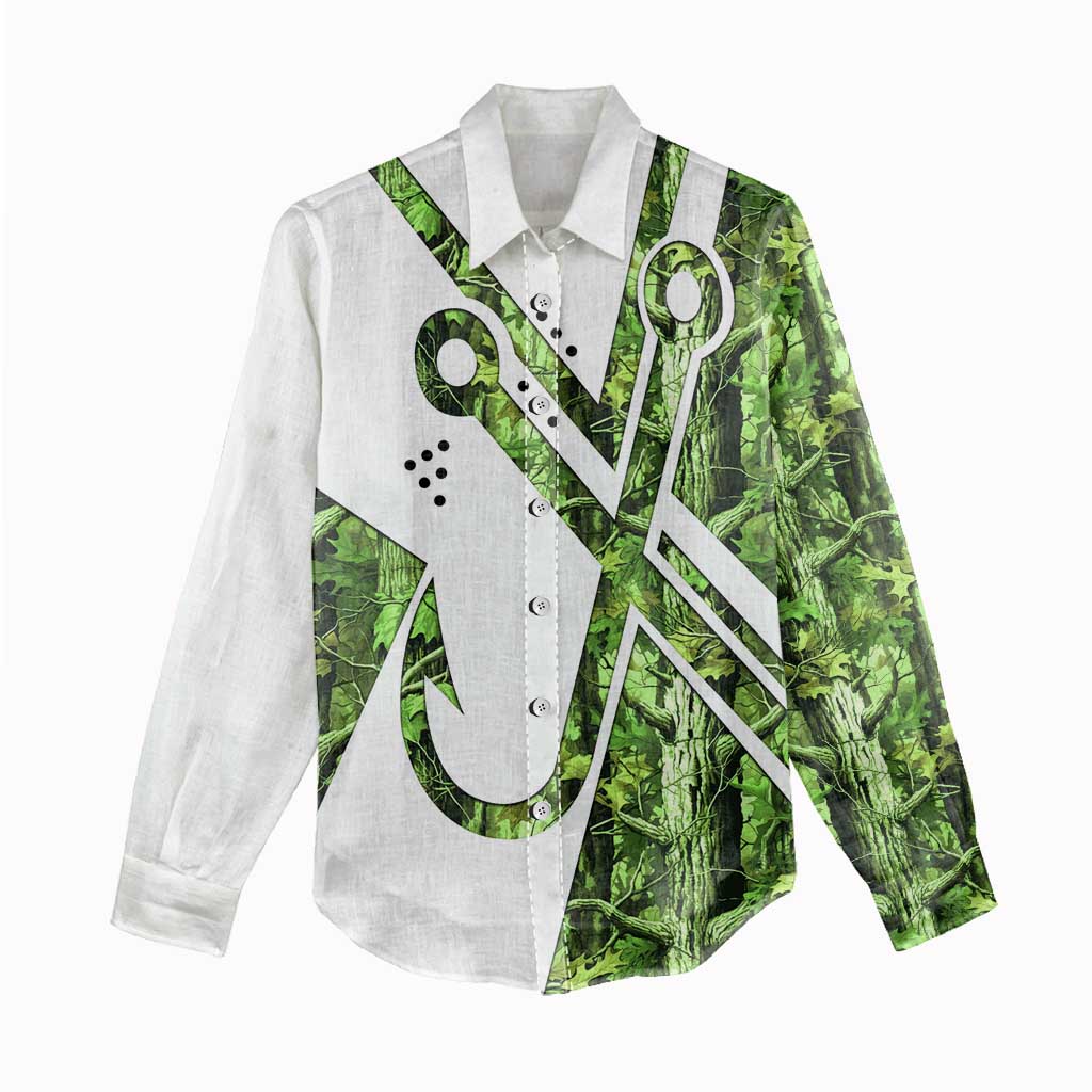 Custom Fishing Hook Women Casual Shirt with Green Jungle Leaf Pattern and White Split Design - Wonder Print Shop