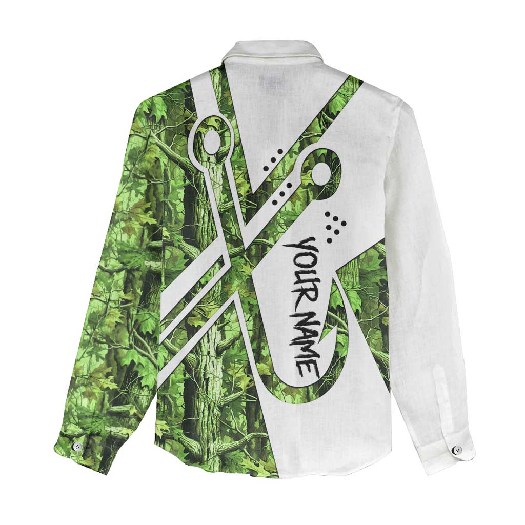 Custom Fishing Hook Women Casual Shirt with Green Jungle Leaf Pattern and White Split Design - Wonder Print Shop