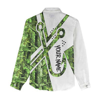 Custom Fishing Hook Women Casual Shirt with Green Jungle Leaf Pattern and White Split Design - Wonder Print Shop