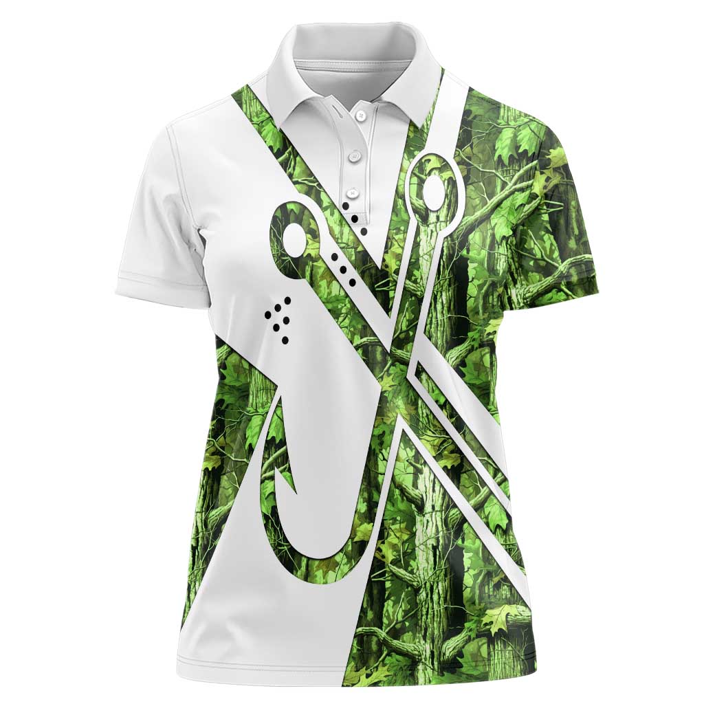 Custom Fishing Hook Women Polo Shirt with Green Jungle Leaf Pattern and White Split Design - Wonder Print Shop